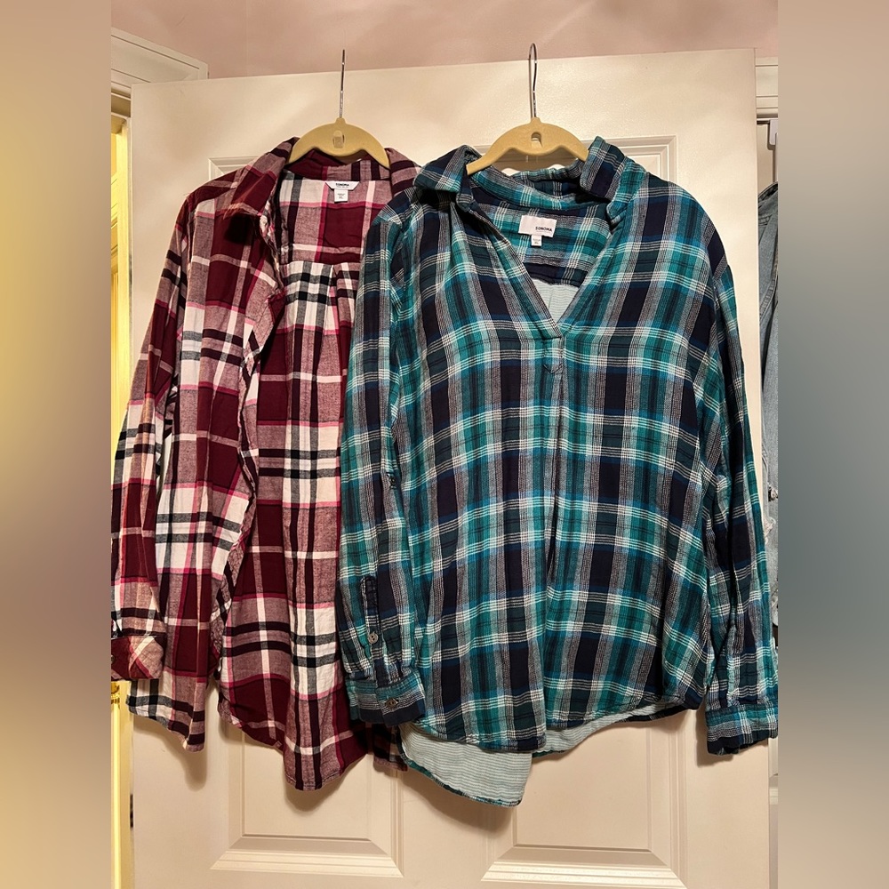 Two flannels- one button up and the other pull over.